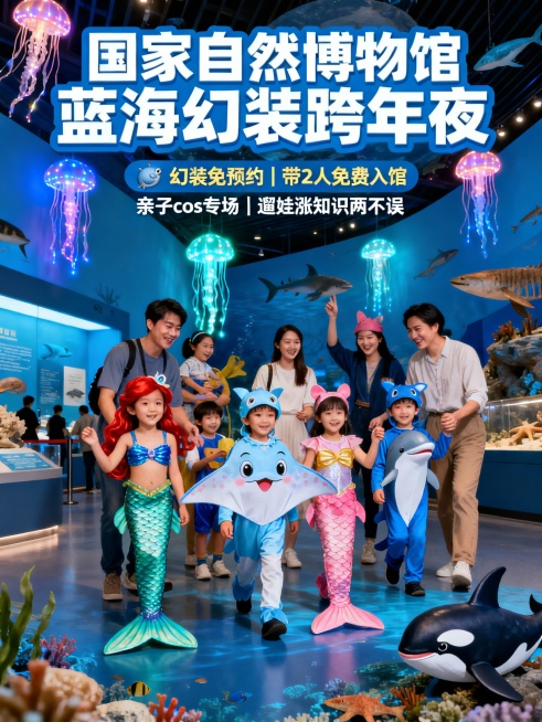 生成国家自然博物馆：家有萌宝？全家cosplay齐上阵！或者把宝宝打扮一下：萌版美人鱼、闪电鳐、海豚、虎鲸...........都可以免预约入馆来嗨；在图中写上：国家自然博物馆蓝海幻装跨年夜
🐋预览效果