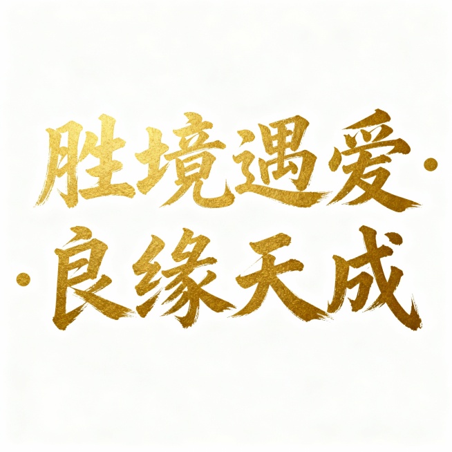胜境遇爱·良缘天成 生成金色毛笔字体 背景白色预览效果