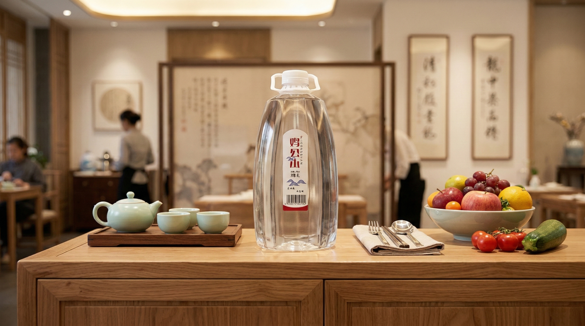 鸡公山4L饮用山泉水放在新中式餐厅的原木餐边柜上，旁边摆放着精致的餐具、青瓷茶具和新鲜的蔬果，暖光柔和，环境整洁雅致，突出山泉水适合日常饮用烹饪的特质预览效果