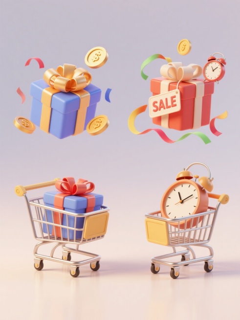 一组4个不同配色、不同样式、不同材质的3D立体电商促销元素，每个元素包含装满礼物的金属购物车、带有“SALE”标签的礼盒、漂浮的金币、彩色飘带和闹钟，采用干净明亮的风格，色彩和谐，光影效果柔和自然，立体感强，符合现实逻辑，适用于双11电商素材使用。预览效果