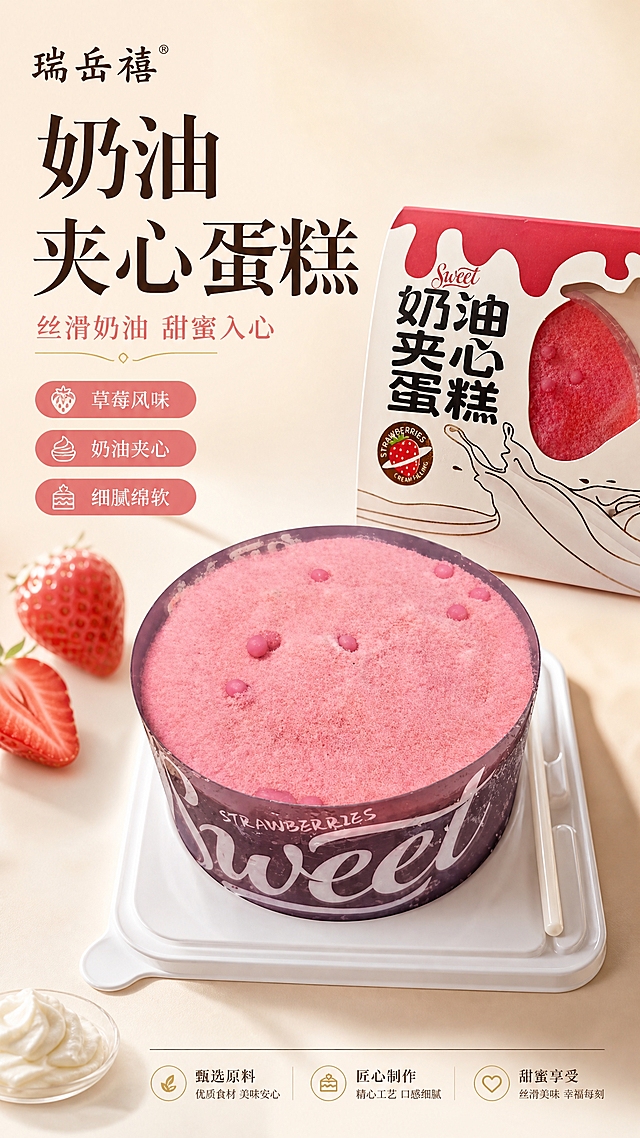 高端甜品海报，整体风格好吃、高端、干净，极简高级感，写实商业摄影质感。画面中必须同时使用两张图：【图1】粉色草莓奶油夹心圆形蛋糕作为主视觉主体，蛋糕本体保持原样不变，完整保留外形、颜色、表面粉色颗粒质感与装饰细节；【图2】奶油夹心蛋糕包装盒作为辅助元素，放置在蛋糕旁侧或后方，包装图案与文字保持原样。蛋糕是第一视觉焦点，占据画面主导比例。左上角放置品牌Logo文字"瑞岳禧"，使用楷体字体。主标题文字为"奶油夹心蛋糕"，副标题为"丝滑奶油 甜蜜入心"。三个卖点短标签："草莓风味"、"奶油夹心"、"细腻绵软"。背景为干净的浅米色渐变底色，柔和高级。侧前方柔光，柔和浅淡阴影，营造浓郁甜蜜、丝滑醇厚的治愈食欲感。版式精美，留白舒适，文字放在负空间不遮挡主体，四周留足安全边距，文字清晰可读。画面中所有信息区域必须填充完整合理的内容，不得出现空白框或占位。