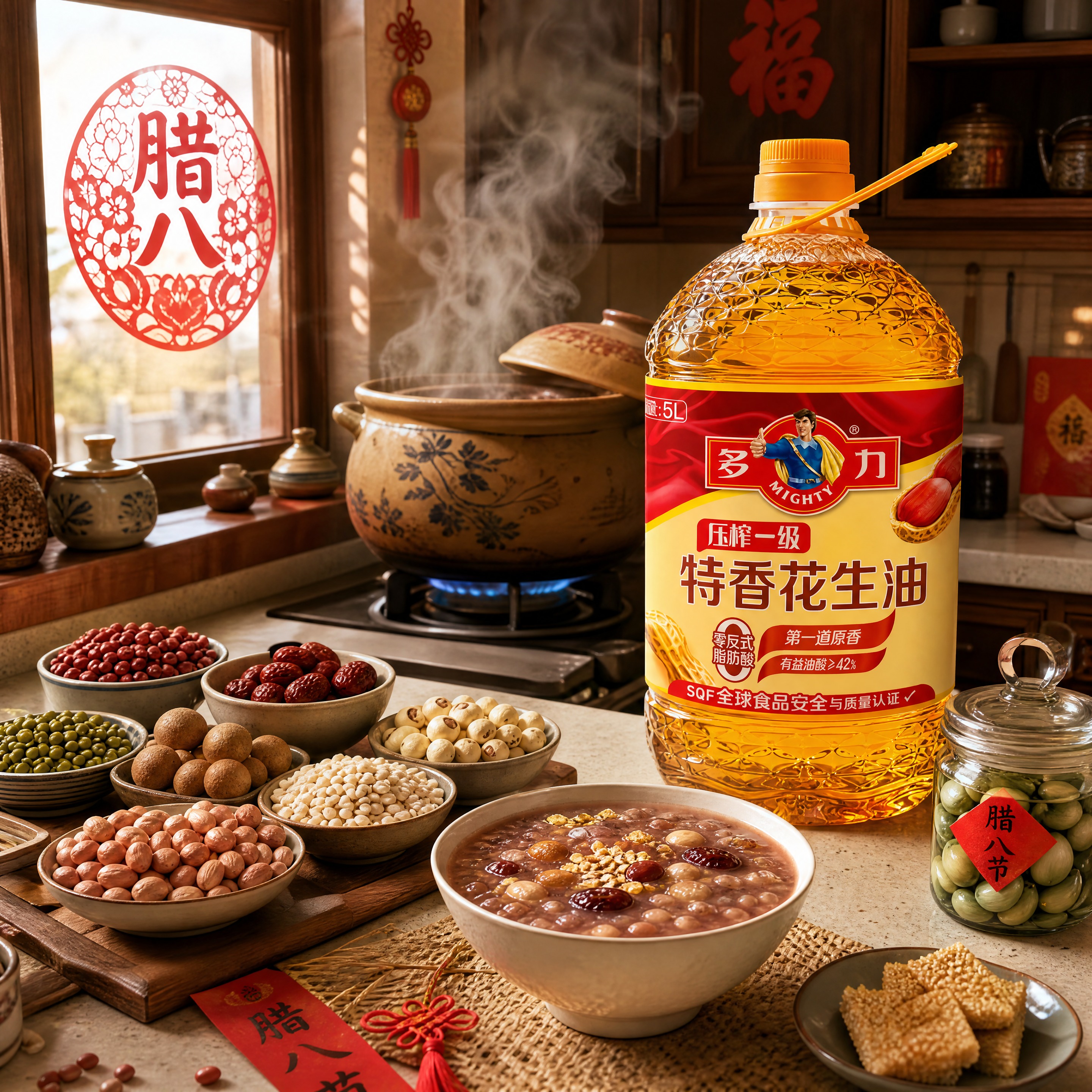 超写实腊八节厨房场景摄影。 主体：花生油桶严格参照上传产品图，… - 图片创意预览