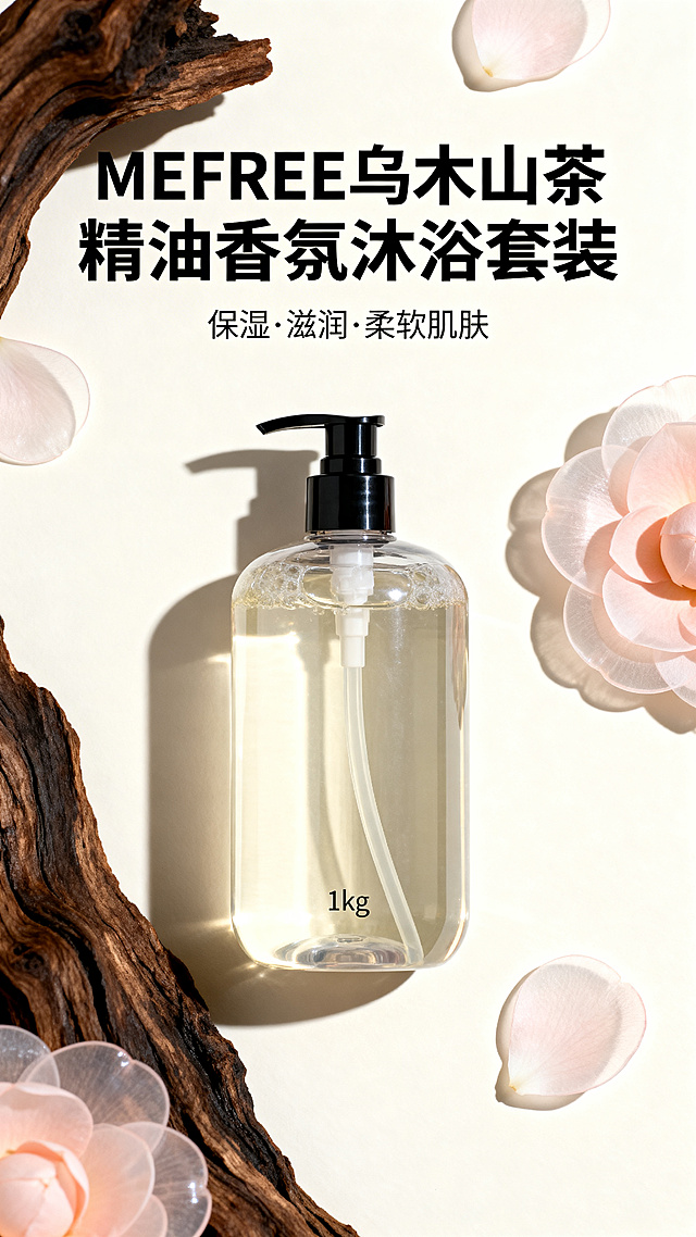 高端商超沐浴露宣传海报，主体是1kg装MEFREE乌木山茶精油香氛沐浴套装，瓶身通透质感高级，背景点缀乌木纹理与山茶花，整体氛围优雅治愈，突出保湿滋润柔软肌肤的卖点，风格精致简约，符合高端商超宣传调性