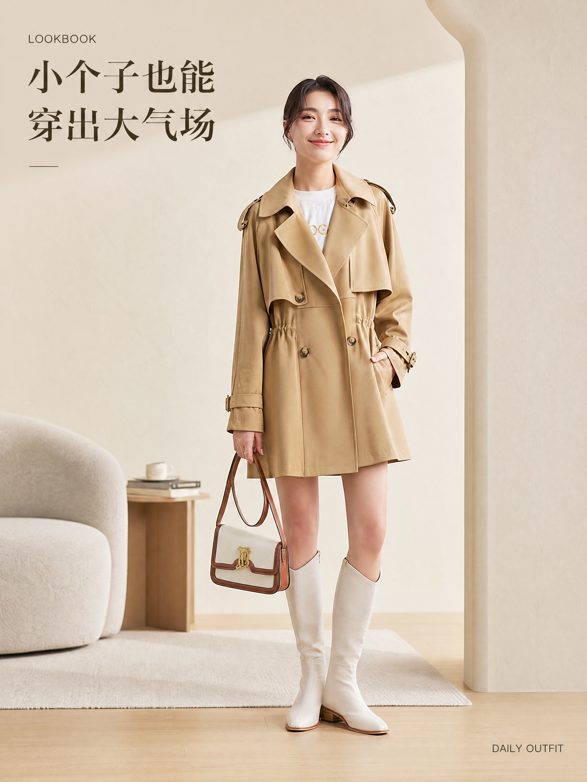 [商品] 使用【图1】卡其色短款收腰风衣；商品处理：保留翻领、… - 图片创意预览