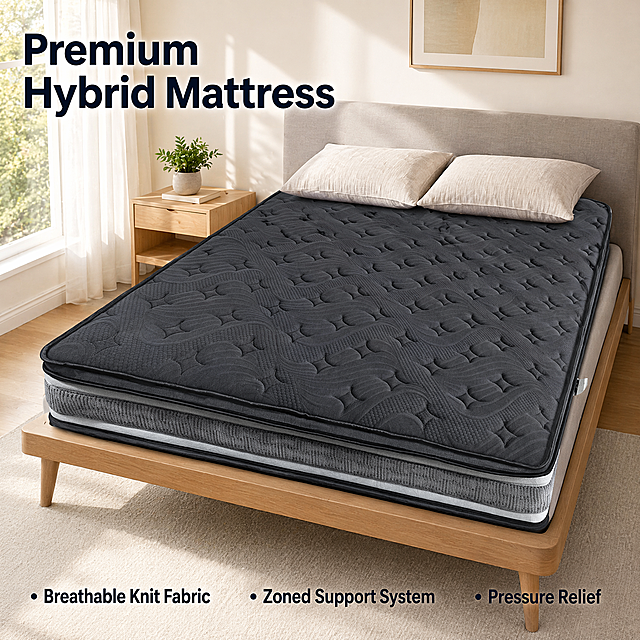 [主图-1] Mattress overall display in modern bedroom scene. Keep the dark gray knitted fabric and multi-layer structure of the mattress exactly the same as the input image, no deformation or color difference. The mattress is placed on a modern minimalist bed frame in the center of a bright bedroom with light wood floor, white wall, a pair of soft pillows on top, bedside table with a small green plant on the side, warm natural sunlight coming through the window, creating a cozy home atmosphere. English text 'Premium Hybrid Mattress' at the top left, with 3 bullet points at the bottom: '• Breathable Knit Fabric • Zoned Support System • Pressure Relief', all texts are in English, clean and clear font, strong contrast. All content is in English, conforms to Amazon cross-border e-commerce specifications. Product occupies about 85% of the frame, 1:1 square, commercial photography, high definition, clear text, no watermark, no Chinese characters.