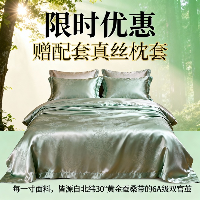 现在我的需求是作为电商设计人要求有平铺展示员，要做一套真丝床品四件套的电商套图。其中包括主图4张，详情页6张。 产品图片：平铺展示、铺床效果图、细节特写（凸显出真丝材质、暗里花纹）。图片场景为森林系背预览效果
