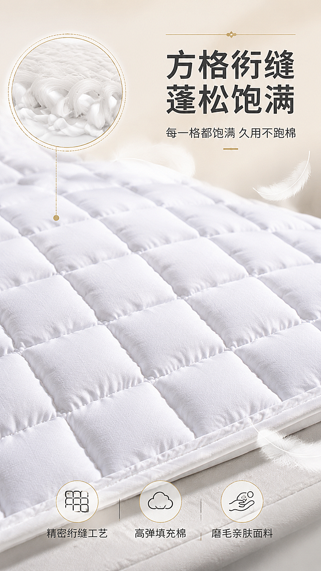 [第3屏] 细节微距-方格绗缝工艺与夹棉材质特写。本屏使用【图1】作为材质细节展示主体。
[氛围/风格] 高级质感微距风，突出面料肌理和蓬松夹棉感，商业摄影级细节呈现，干净高级。
[元素布局] 画面主体为床护垫局部放大特写，占画面约70%，位于中下部；清晰展示白色方格绗缝纹理，每格饱满蓬松，缝线工整均匀；可看到磨毛面料的细腻肌理和夹棉厚度；左上角悬浮放大局部面料纤维示意；背景为浅米色柔焦虚化，点缀几根白色羽毛营造轻盈感。
[光影质感] 侧上方柔光打亮面料纹理，形成方格凹凸明暗对比，突出蓬松立体感；整体光线柔和，阴影过渡自然。
[配色色系] 全局底色 #FAF8F5（奶白色）；主色白色床护垫；辅助色浅米色背景、浅灰缝线、金色点缀线。
[视角构图] 45°斜俯视微距特写，聚焦方格绗缝区域，阅读动线右上标题→中部产品特写→底部卖点。
[文字版式] 右上区域标题区，主标题「方格绗缝 蓬松饱满」，副标题「每一格都饱满 久用不跑棉」；下方三个圆形图标+卖点「精密绗缝工艺」「高弹填充棉」「磨毛亲肤面料」；文字采用深灰色黑体，搭配金色细线条装饰；不遮挡面料细节。
[比例分辨率] 9:16 竖版比例，4K分辨率，文字清晰可辨，高清画质。
[负向提示词] 面料纹理错乱，方格变形，颜色发黄，水印，文字模糊，细节不清晰，背景杂乱。