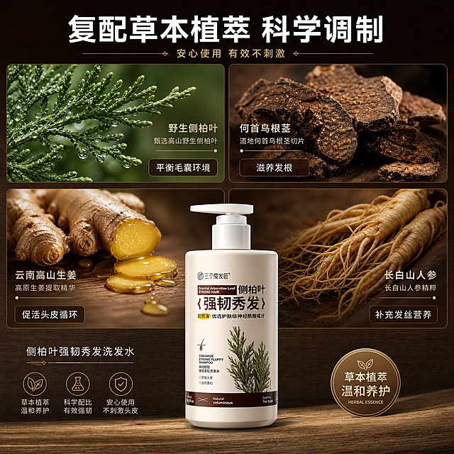[主图-2] 核心任务：成分解析图，展示四大草本植萃成分，强化专业背书和天然温和的产品定位。
[统一基调] 暖棕大地色系主视觉，米杏色+深棕+草木绿点缀，高级国风植萃质感，主标题用粗体非衬线大字，辅助文字用细体非衬线，整体干净有品质感。
[画面] 产品瓶身位于画面底部中央，占画面约30%，正面展示。画面上半部分为四大草本成分展示区，采用2x2宫格布局，每格是一种草本原料的高清特写：左上为野生侧柏叶枝叶带水珠，右上为何首乌根茎切片，左下为云南高山生姜带姜汁流动效果，右下为长白山人参带参须细节。每个成分图下方有细线引出到对应功效说明。整体背景为深棕色渐变，带有细微木纹肌理，营造专业成分实验室氛围。
[光影质感] 商业微距摄影质感，每组成分都有清晰的纹理和水珠细节，主光从上方均匀打下，阴影柔和，产品瓶身有自然高光，与背景融合自然。
[配色] 深棕色背景为主，成分图保留自然草木绿和姜黄本色，文字用米白色和浅金色，强调色用琥珀金。
[文字版式] 画面顶部居中大标题「复配草本植萃 科学调制」，白色粗体最大号；下方小字副标题「安心使用 有效不刺激」，字号缩小60%，浅金色。四个成分图右下角各配功效标签：侧柏叶对应「平衡毛囊环境」，何首乌对应「滋养发根」，生姜对应「促活头皮循环」，人参对应「补充发丝营养」，标签为半透明深棕底白字。产品瓶身上方有一行小字「侧柏叶强韧秀发洗发水」。
[输出要求] 1:1正方形，2K高清，产品清晰不变形，成分细节真实，文字清晰可读，无错字，无水印，无平台Logo，排版整齐有层次。
