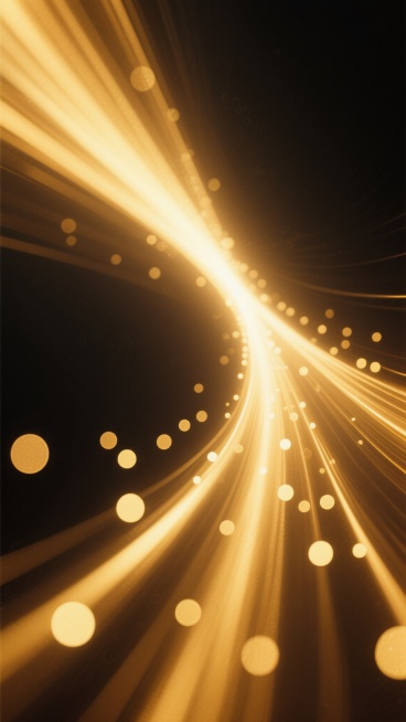 深色背景的抽象光效图片，金色光线从左上角向右下方呈放射状延伸，光线质感柔和且具有流动性，温暖而神秘的氛围，金色光线上散布着圆形光点，圆形光点具有清晰的轮廓并与光线自然融合，保持原有的光线走向和整体光影效果。预览效果