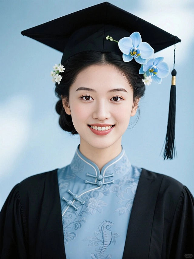 女生，学士服证件照，复古妆容，古典低盘发戴学士帽，黑色穗子，头上簪两朵浅蓝色的蝴蝶兰和白色小花，黑色学士服领口有复古花纹，内衬是淡蓝色旗袍盘扣领口，浅蓝色朦胧背景，露齿笑