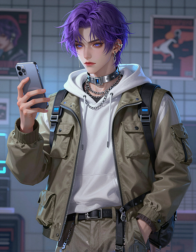 杰作，最佳质量，超精细，8K，现代赛博潮流系男性角色插画，「紫发赛博少年」特写，精准复刻画面构图、色彩、光影及细节质感，画面为竖版中近景插画，核心是一位酷感凌厉的紫发少年，正面站立，右手举着银灰色智能手机，左手插在裤袋中，神情疏离又带着酷感，唇色为淡冷红，眼瞳呈澄澈的蓝色，肤色冷白通透；发型为蓬松有层次的紫色中短发，发丝微卷且带有空气感，耳间佩戴多只银色金属耳饰，颈间叠戴银色金属项圈与多条银色链条，细节精致又赛博；服饰为赛博机能风叠穿：内搭白色网眼打底衫与白色连帽卫衣，外罩卡其色机能马甲，马甲上有多个口袋与蓝色电子屏装饰，下装为同色系机能裤，整体风格硬核又赛博；场景细节：背景为赛博风房间，可见金属网格墙、海报、耳机与贴纸，整体充满“赛博潮流、酷感少年”的意境；整体色调以紫（发色）、银白（耳饰/链条/手机）、卡其（马甲）、白（卫衣/打底衫）为主，冷暖撞色鲜明，色彩浓郁且层次高级；光线为冷调室内漫射光，主光源来自画面外的冷蓝漫射光，在少年发丝、衣料边缘形成明亮的冷蓝轮廓光，面部受光柔和，金属配件呈现细腻的明暗渐变，背景网格墙呈柔焦虚化，突出人物主体，阴影过渡细腻自然，营造出“赛博房间、酷感少年”的氛围感；现代赛博潮流系男性角色插画（厚涂写实风），细节精准还原（紫色层次中短发、银色金属耳饰/项圈/链条、卡其色机能马甲、白色连帽卫衣、赛博风房间背景），插画质感拉满，笔触细腻，保留皮肤与衣料的硬朗质感，无多余元素，严格匹配画面中心聚焦的紫发少年特写与赛博酷感情境