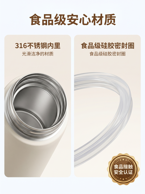 保温杯详情页材质细节板块，延续可爱治愈风，浅奶米色调，标题文案“食品级安心材质”，棕色粗体，左右分栏展示，左图放大展示316不锈钢内胆细节，右图放大展示食品级密封胶圈细节，右下角加“食品接触安全认证”预览效果