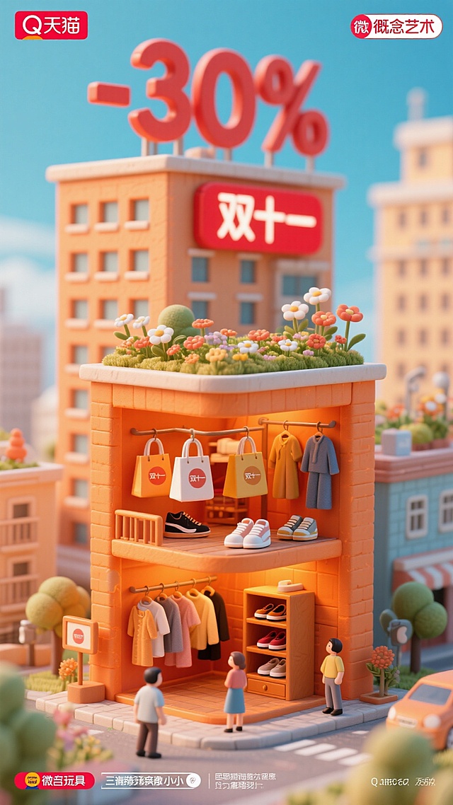 软3D风微缩艺术场景，卡通感十足的双十一促销小店，温馨趣味兼具，屋顶花坛与人物互动营造生活气息，30%折扣醒目吸睛。