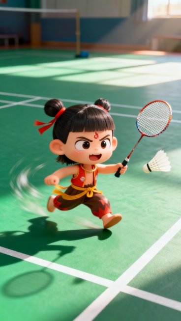 做一张9:16的图 图中间部分为卡通可爱的哪吒在羽毛球场地打羽毛球预览效果