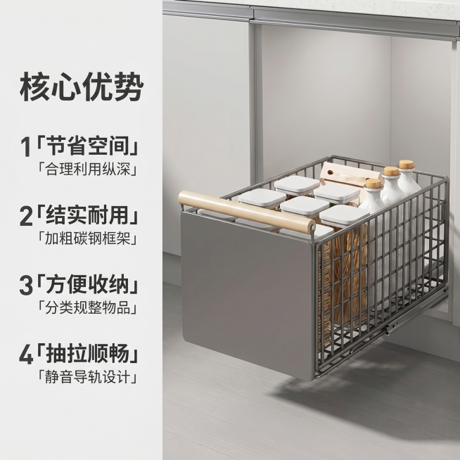 「图片1」，生成一套主图（5张），商品名称是抽拉式橱柜拉篮，卖点是节省空间，结实耐用，方便收纳，风格是家居治愈风，适配淘宝/天猫平台，主图比例为1:1预览效果