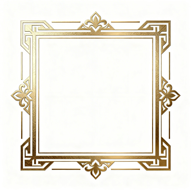 一个华丽金色边框，金色具有金属光泽和细微纹理，边框线条为几何直线与装饰性短横线组合，四角有对称的复杂几何花纹装饰，整体呈现出高级感和精致感，背景为纯白色，边框设计简洁而不失华丽，具有复古优雅的风格预览效果