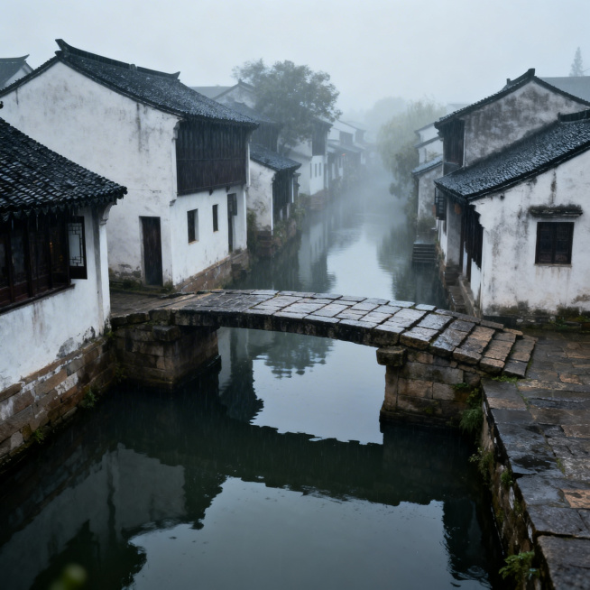 写实风景，江南小桥流水，青石板桥，白墙黑瓦的江南民居，水面倒影清晰，朦胧烟雨氛围，空气湿润，画面氛围感强，细节真实高清预览效果