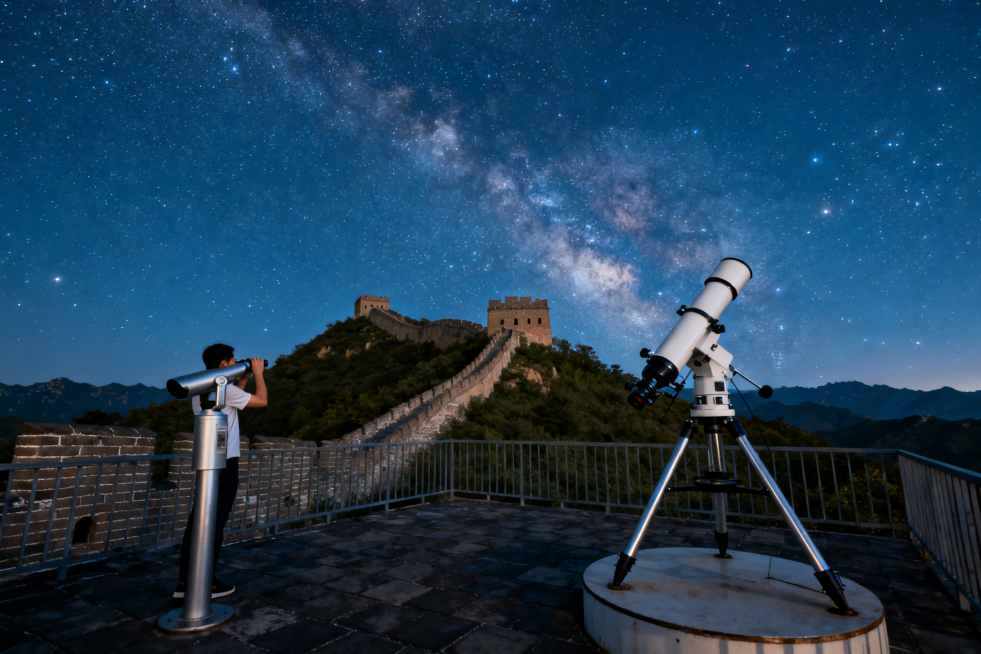 东龘山顶的长城观景平台，配备望远镜，游客远眺长城遗址；夜间观星平台，架设专业天文望远镜，星空璀璨无光污染预览效果