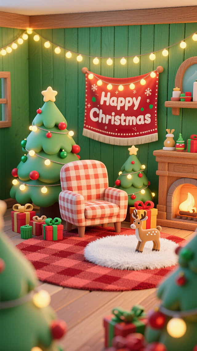 两棵有暖灯、红绿色饰品的圣诞树，中间设格子纹扶手椅，周围散落礼物盒。地铺红格纹地毯与白色毛绒圆毯，配小鹿、圣诞摆件。木质绿墙面挂 “Happy Christmas”圣诞挂毯，缠暖黄串灯，搭木质家具与壁炉细节。