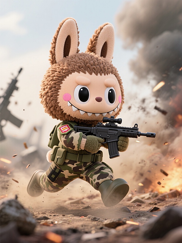 穿着迷彩服，拿着枪，在战火纷飞中冲锋