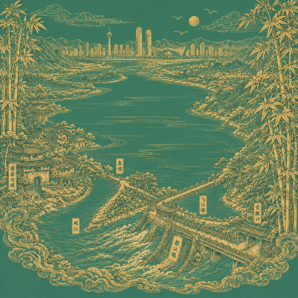 优化这张复古版画风格插画：1. 近景都江堰结构更准确，鱼嘴分水… - 图片创意预览