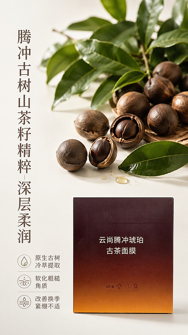 [第3屏] 本屏功能定义：核心卖点展示-腾冲古树山茶籽精粹深层柔润。本屏使用【图2】作为产品包装主体。
[氛围/风格] 自然成分科普风格，质感清新干净，商业美妆摄影，突出原料天然优势。
[元素布局] 画面上半部分大尺寸展示山茶籽和新鲜茶叶实物，占比超50%，下半部分放置产品包装，左侧文字区域，整体布局平衡，产品包装外观保持与原图一致。
[光影质感] 柔和侧光，突出山茶籽颗粒纹理，产品包装清晰有质感，阴影自然不生硬。
[配色色系] 全局底色#F5F7F3，主色茶籽棕，辅助茶叶绿、包装棕，浅棕文字。
[视角构图] 平视三分法构图，山茶籽主视觉在上，产品在下，符合自然阅读顺序。
[文字版式] 左侧竖排主标题「腾冲古树山茶籽精粹 深层柔润」，右侧下方三点分述：「原生古树冷萃提取」「软化粗糙角质」「改善换季紧绷不适」，文字排版清晰，不遮挡主体元素。
[比例分辨率] 9:16竖版比例，4K分辨率，文字清晰可辨，高清画质。
[负向提示词] 元素堆砌，文字过小，产品变形，颜色偏差，虚假功效宣传，文字错乱