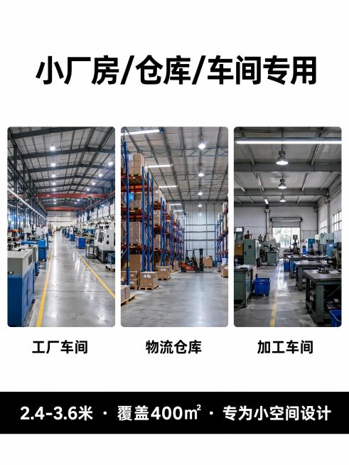[第4屏] 适用场景页，白色背景，上方标题"小厂房/仓库/车间专用"，下方三个并排场景模块：第一个模块放工厂车间实景图配文字"工厂车间"、第二个模块放仓库实景图配文字"物流仓库"、第三个模块放小型加工预览效果