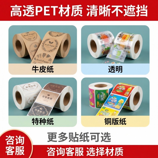 [主图主题] 高透PET材质透明不干胶主图
[氛围/风格] 电商商业风，红色头部清晰排版风格
[画面元素] 沿用参考图四宫格展示不同材质的版式，上方红色标题栏，下方分四个宫格展示不同材质不干胶，分别是预览效果