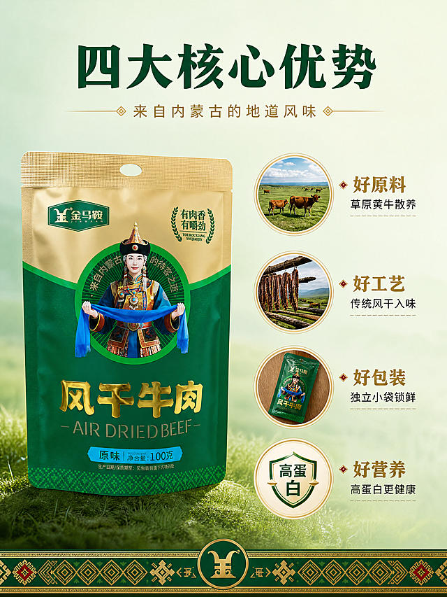 [第2屏] 核心卖点总览-金马鞍风干牛肉四大卖点图标化呈现。本屏使用【图2】原味绿袋作为产品主体。
[氛围/风格] 简洁大气 信息可视化 民族风元素 商业摄影质感。
[元素布局] 画面左侧为金马鞍风干牛肉原味绿色包装袋直立放置，外观与输入产品图绝对一致。右侧及下方分布四个圆形卖点图标区，每个图标区配有对应小插图：草原牛群、风干工艺、独立小袋、高蛋白标识。背景为浅草原绿渐变，底部有蒙古族传统纹样装饰条。产品占比约45%，卖点图标合计占比约40%。
[光影质感] 左侧柔光均匀打亮产品，右侧图标区平光清晰呈现；整体明亮通透，产品有自然投影。
[配色色系] 全局底色 #F0F7EE 浅草原绿；主色 草原绿+金色；辅助色 马鞍红点缀、深棕文字。
[视角构图] 正面平视，左产品右信息的左右分栏构图；阅读动线 顶部标题 → 左侧产品 → 右侧四卖点自上而下。
[文字版式] 顶部居中主标题「四大核心优势」，深绿色粗黑体；副标题「来自内蒙古的地道风味」，金色细体。右侧四卖点竖排，每点含图标+短标题+说明：「好原料 草原黄牛散养」「好工艺 传统风干入味」「好包装 独立小袋锁鲜」「好营养 高蛋白更健康」；标题金色粗体，说明深灰细体。
[比例分辨率] 3:4 竖版比例，4K分辨率，文字清晰可辨，高清画质。
[负向提示词] 变形，水印，文字错乱，文字过小，缺件错件，结构错误，颜色偏差，包装文字错乱，产品图模糊，背景杂乱。