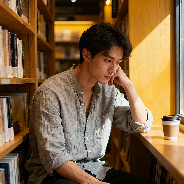 写实人像，文艺青年，亚麻衬衫，书店角落，暖光氛围，人像质感自然