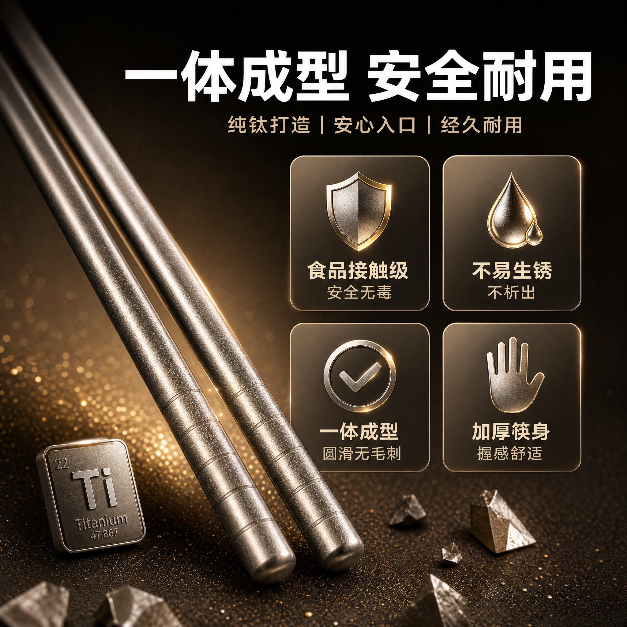 [主图-2] 纯钛TA2筷子核心卖点图，突出一体成型与材质安全… - 图片创意预览