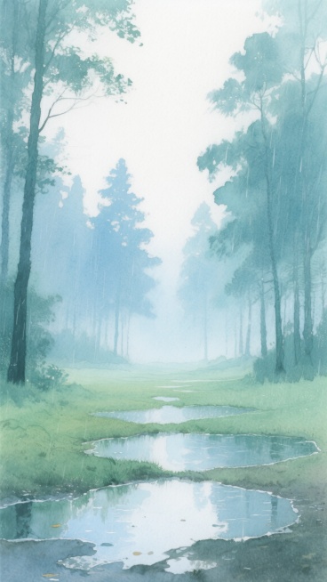 水彩风格的森林景观，画面整体呈现宁静悠远的氛围，远处是朦胧的树木剪影，近处是湿润的地面和水洼，光影柔和，色彩以清新的青绿色为主调，搭配淡雅的蓝色和白色，营造出雨后森林的清新感，笔触轻盈，具有透明晕染的质感，构图采用竖版布局，视觉引导线从近处的水洼延伸至远处的树林，留白恰到好处，增强画面的空灵与静谧。预览效果