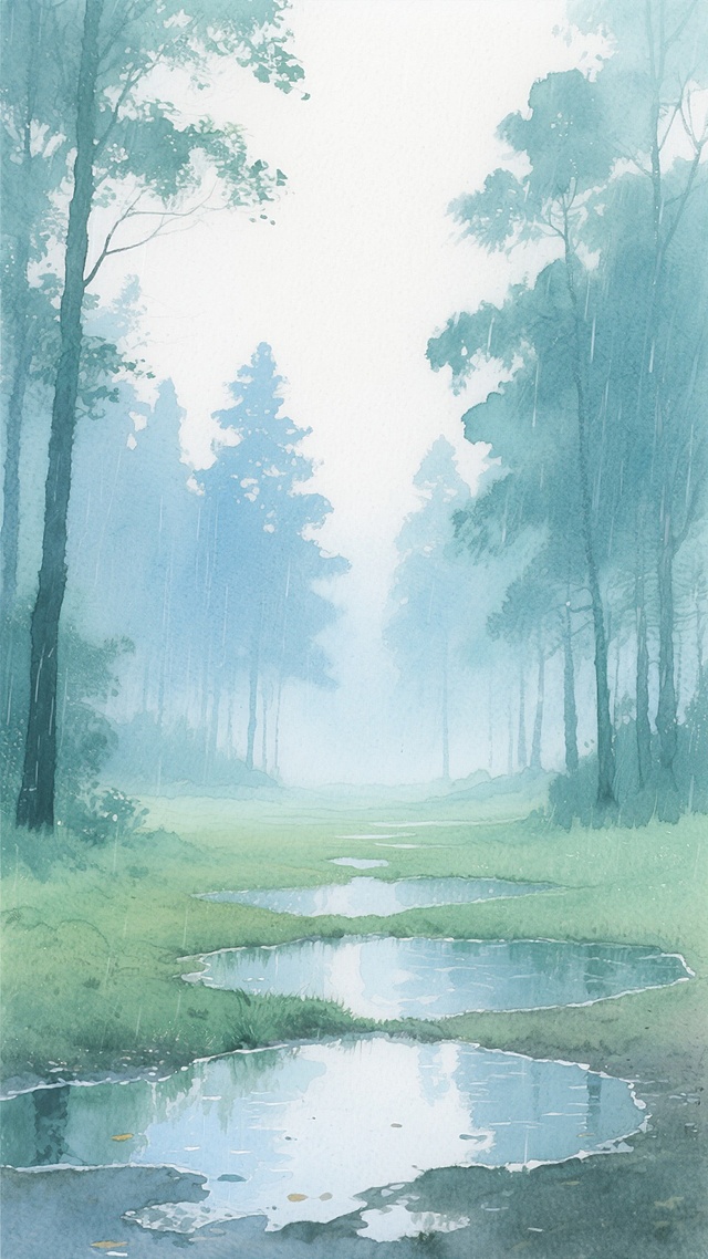 水彩风格的森林景观，画面整体呈现宁静悠远的氛围，远处是朦胧的树木剪影，近处是湿润的地面和水洼，光影柔和，色彩以清新的青绿色为主调，搭配淡雅的蓝色和白色，营造出雨后森林的清新感，笔触轻盈，具有透明晕染的质感，构图采用竖版布局，视觉引导线从近处的水洼延伸至远处的树林，留白恰到好处，增强画面的空灵与静谧。