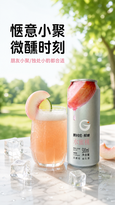 [第4屏] 氛围感饮用场景：鹅村庄鲜啤·水蜜桃果啤清爽饮用体验。
[氛围/风格] 夏日休闲治愈场景，清新明快，自然透气，商业摄影质感，轻松愉悦氛围。
[元素布局] 本屏使用【图1】作为产品主体。产品罐预览效果