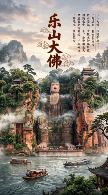 960×2144竖版海报，山水国风背景，中心乐山大佛，固定大字：乐山大佛，竖排小字简介：乐山大佛，始建于唐代，历时近九十载凿刻而成，依山临江，为镇水祈福所造。通高七十一米，是中国最大摩崖石刻弥勒造像，预览效果