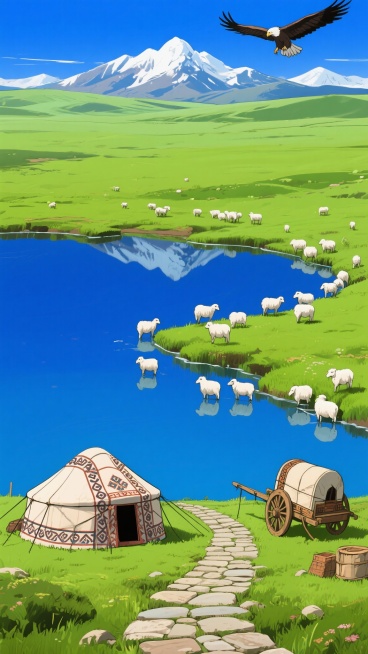 二次元，大平原，旷野，细节丰富，绿色和蓝色，民族风，生成2张，不要人，4k，9:16预览效果