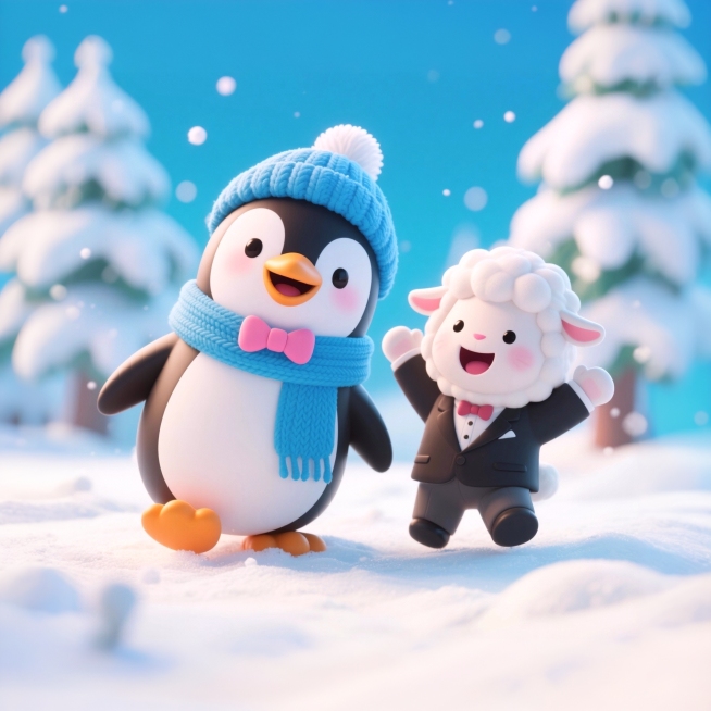 画面中心1只企鹅，1只猫咪，1只绵羊，表情可爱欢乐，企鹅戴着蓝色毛线帽子和围巾，绵羊穿着绅士西服，猫咪戴着粉色蝴蝶结，背景是雪景，他们欢呼雀跃，表情夸张预览效果