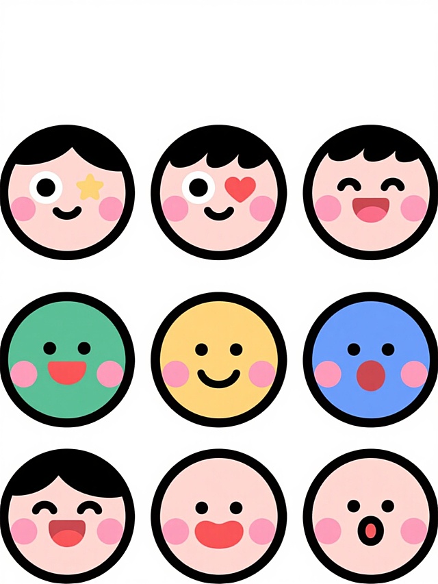 9个不同配色、不同表情、不同造型的卡通表情包，采用简约扁平风格，白色背景，上下两行对齐排列。每个表情包均为圆形头部，包含黑色弧形眉毛、不同设计的眼睛（如圆形眼珠带高光、星星形状、心形）、各异的嘴巴（张开的红色嘴唇、微笑弧线、半圆形、惊讶的小圆形），以及脸颊上的粉红色圆形腮红。线条简洁流畅，色彩鲜明，表情生动多样，整体呈现可爱、萌系的视觉效果，构图整齐对称，画面干净清爽。