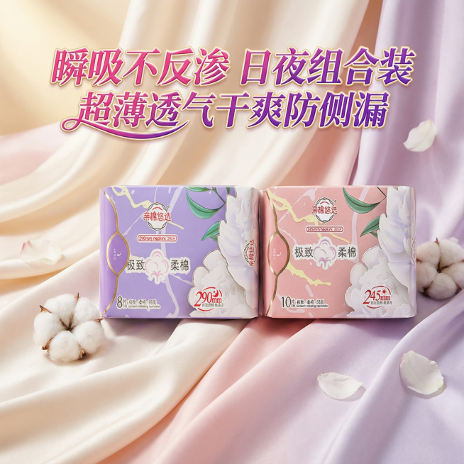 我是网店卖家，产品是女士生理期用品卫生巾，，根据你的经验帮我生成一个电商主图，/提升一些包装质感，切记不要出现网络违禁词,略微提升质感包装袋生成的包装主体不能改变，/背景可以更换更适合产品的高级背景/预览效果