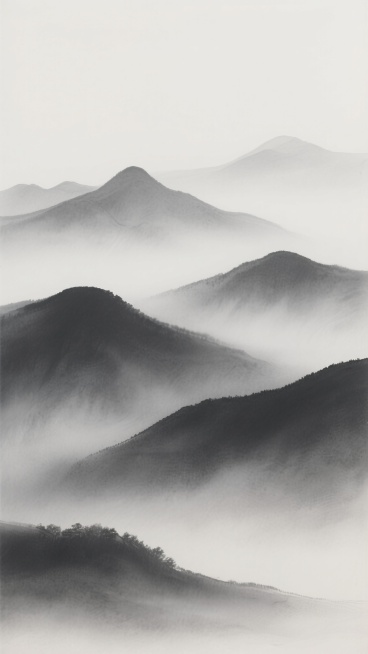 中景远景结合，用细腻的灰度渐变勾勒出若隐若现的山峦轮廓，如轻烟般的淡墨色远山与前景沉稳的深灰形成优雅过渡，似晨雾缭绕中的群峰，简洁笔触尽显禅意留白，营造空灵通透的极简水墨山水空间。预览效果