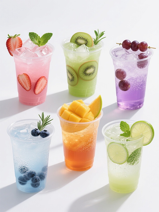 白色背景上，6个完全不同造型的同系列透明塑料杯饮品素材集合规整排布，保持超写实摄影风格，光影明亮通透，杯身和液体有清晰的高光和阴影细节，冰块棱角分明且有透明质感，每个杯子中分别装有不同色彩和元素的饮品：1. 粉红色草莓冰饮，杯口装饰草莓片和薄荷叶，杯壁贴有对半切开的草莓；2. 青绿色猕猴桃冰沙，顶部有猕猴桃果肉块和奇异果切片，杯侧插着小绿叶；3. 紫色葡萄苏打水，杯中漂浮着整颗葡萄和葡萄切片，杯口放有葡萄串装饰；4. 橙色芒果冰茶，杯内有大块芒果果肉和芒果片，杯口斜插芒果角；5. 淡蓝色蓝莓气泡水，杯底沉着蓝莓，杯口装饰蓝莓和迷迭香；6. 浅绿色青柠莫吉托，含青柠片和薄荷叶，杯口插青柠角，液体清澈有气泡，整体构图平衡，每个饮品造型独特，色彩鲜明，细节丰富，适合作为系列饮品宣传素材。