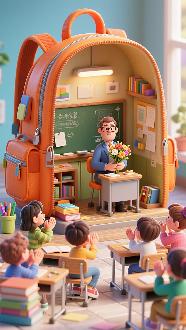 3D风微缩艺术，清新简约卡通教室，书包内藏温馨课堂，师生互动，花束传递节日祝福。