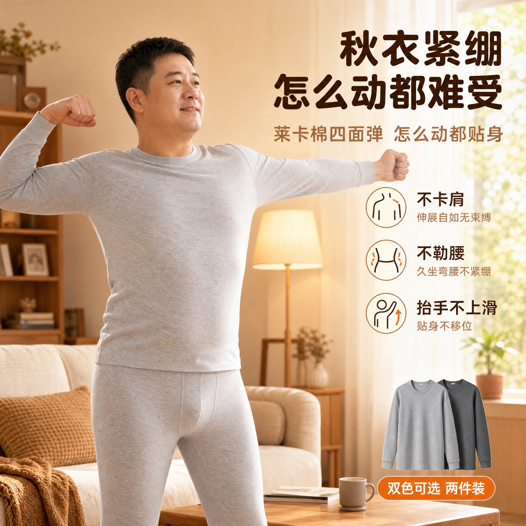 [主图-2] 居家场景痛点风格，核心任务：解决秋衣紧绷活动受限… - 图片创意预览