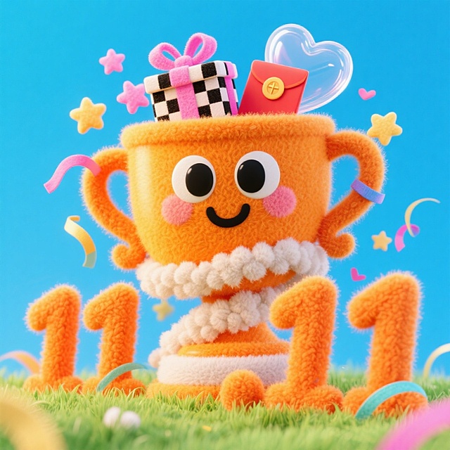 画面主体是一个拟人化的橙色奖杯形象，它有着大大的黑色眼睛和可爱的笑脸，显得十分俏皮活泼。奖杯上方装着礼盒、红包，还有透明带粉色星星的装饰、黑白格纹的心形等元素，周围环绕着星星、彩带等，整体在蓝天绿草的背景下，旁边“11.11”毛绒字体装饰，营造出一种欢快、充满想象力的氛围，仿佛是在一个充满童趣的梦幻世界里，展现出活力与创意的融合。