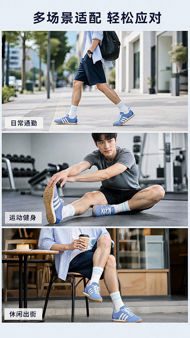 [第3屏] 日常多场景种草拼图页-天蓝色经典三道杠休闲运动阿甘鞋。本屏使用【图1】作为鞋子主体原型，保持鞋子颜色和结构不变，分别在三个场景展示使用效果。
[氛围/风格] 生活化真实场景，自然清新，每个场景光线符合环境特点，整体氛围年轻有活力。
[元素布局] 顶部主标题，下方分为三个等大小的竖向场景拼图，从上到下依次排列。第一个场景：城市街拍通勤，模特上脚走路侧面；第二个场景：健身房运动，穿鞋做拉伸正面；第三个场景：周末休闲出街，咖啡店打卡坐姿局部。每个场景保留鞋子清晰展示，背景环境虚化突出主体，三个场景之间用细白线分隔，整体干净不杂乱。
[光影质感] 每个场景光线自然真实，户外场景明亮通透，室内场景柔和均匀，鞋子始终保持清晰质感，光影层次自然。
[配色色系] 全局底色：#F0F5F9（浅蓝灰）；场景背景保持原有环境自然配色，文字统一使用深蓝色，和鞋子主色调呼应。
[视角构图] 竖向三格拼图排版，每格保持相同宽度，每格内鞋子主体位置居中突出，符合手机浏览。
[文字版式] 顶部主标题「多场景适配 轻松应对」深蓝色粗体居中，每个场景左下角小尺寸白色半透明标签标注场景名「日常通勤」「运动健身」「休闲出街」，标签文字清晰不遮挡鞋子主体。
[比例分辨率] 9:16竖版比例，4K分辨率，文字清晰可辨，超高清。
[负向提示词] 鞋子变形，颜色偏差，场景重叠，文字模糊，水印，杂乱背景，违规内容。