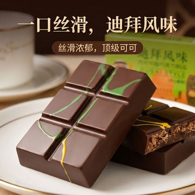这张图片是产品主体这款产品是迪拜巧克力， 产品克重分别是45克和25克，口味有榛子味和开心果味    我需要设计20张主图在拼多多上面售卖 主图场景布局能用到的多场景元素布局显得高级一些      场预览效果