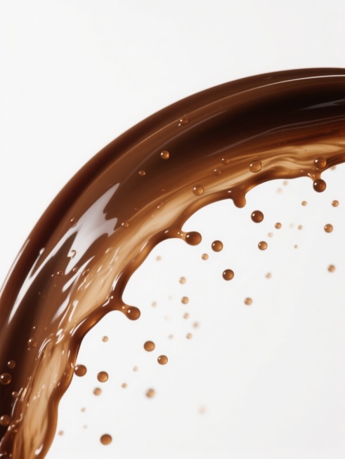 白色背景下，一弯优美的深棕色咖啡液体正以动态的弧线形态飞溅，液体表面呈现出光滑而略带粘稠的质感，飞溅过程中形成了大小不一、晶莹剔透的咖啡液滴和细密的气泡，整体光影效果呈现出清晰的高光与阴影对比，展现出咖啡液体飞溅瞬间的真实物理特性和动感美感。预览效果