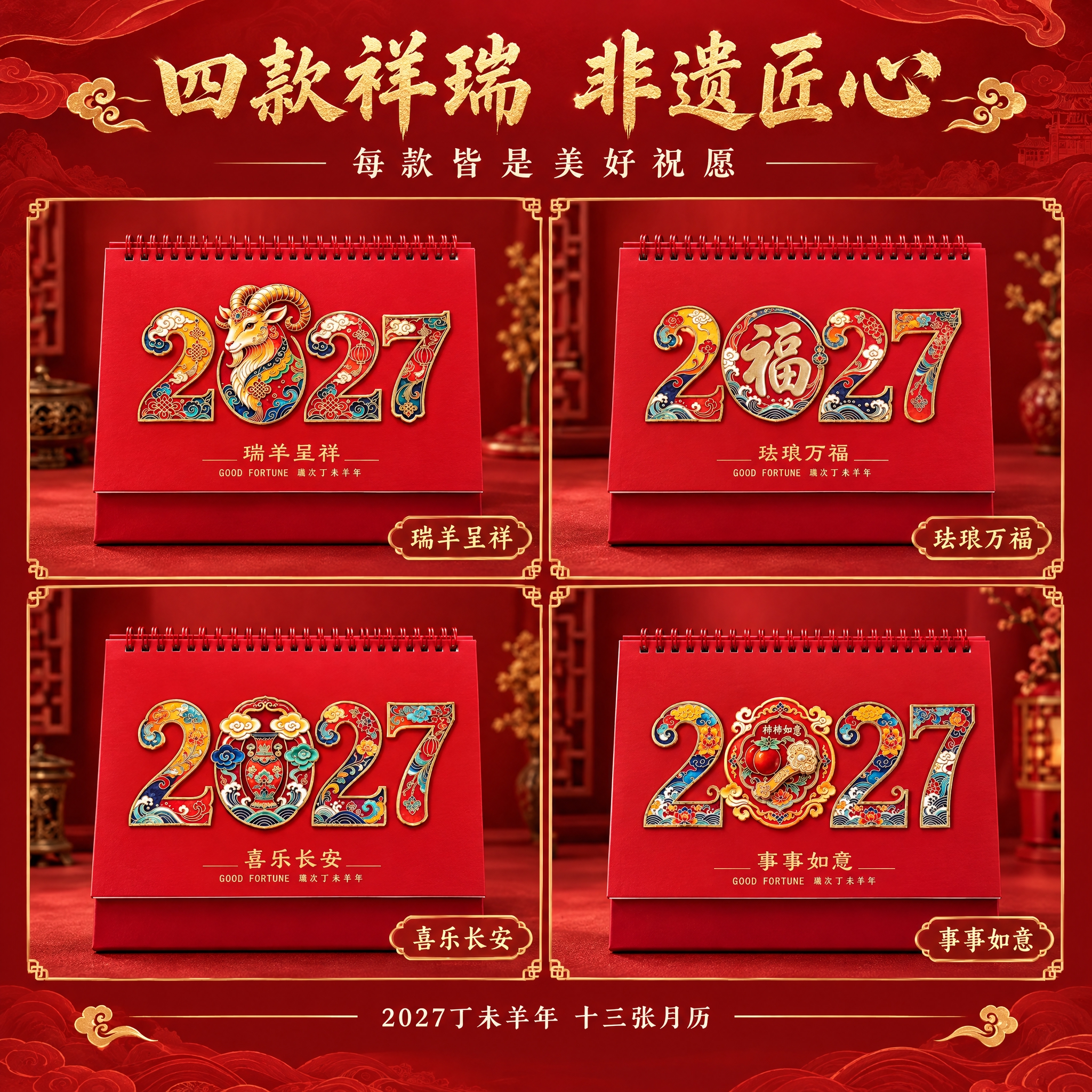 [主图-3] 四款祥瑞主题展示，呈现台历丰富的国潮纹样与美好寓… - 图片创意预览