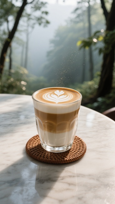 透明玻璃杯中盛有层次分明的拿铁咖啡，顶部奶泡呈现精致的白色树叶拉花图案，杯底垫着棕色编织杯垫，置于自然光照下的大理石桌面上，背景改为清晨薄雾笼罩的森林场景，阳光透过枝叶洒下斑驳光影，空气中漂浮着细小的尘埃颗粒，整体保持高清写实摄影风格，突出咖啡的醇厚质感与自然环境的清新宁静氛围。预览效果