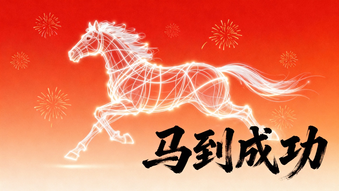 红色和橙色渐变背景上用数根白色的长线条（细线），缠绕出一个奔跑而发光的马，马像无实体，抽象表现，极简主义，大师级构图，留白排版，艺术黑色毛笔文字“马到成功”，周围有一些平面的烟花爆竹做装饰，16：9预览效果